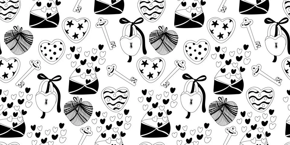 Doodle seamless pattern  with Valentine's day decorations. Stock Illustration