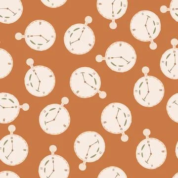 Doodle seamless pattern with white stopwatch elements ornament. Orange backgr Stock Illustration