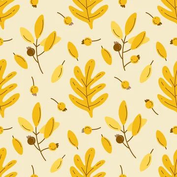 Doodle seamless pattern with yellow autumn leaves and berries Stock Illustration