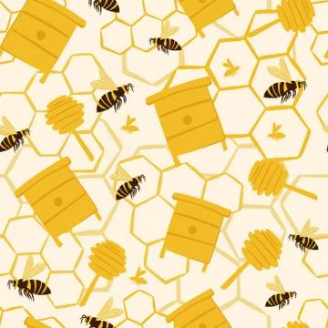 Doodle seamless pattern with yellow hives, spoons, bees flat elements. Backgr Stock Illustration