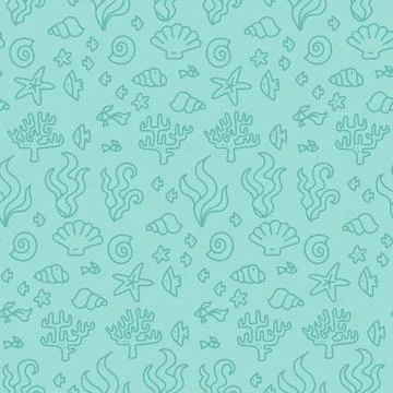Doodle seamless turquoise coral reef seamless pattern for textile, paper design Stock Illustration