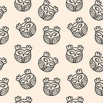 Doodle seamless vector pattern. Cute hand drawn sleeping owls . monochrome Illustrazione stock