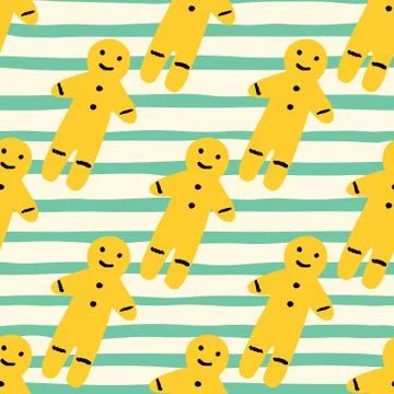Doodle seamless xmas pattern with yellow gingerbread man cookies. Stripped bl Stock Illustration