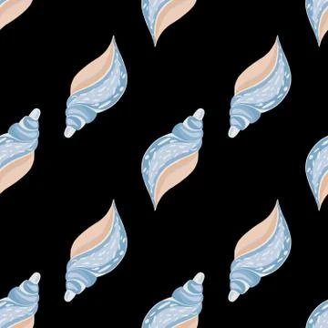 Doodle seashells seamless pattern on black background. Abstract sea shell vec Stock Illustration