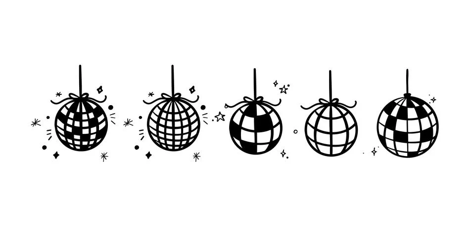 Doodle set of 3 hand-drawn disco balls in a trendy vector style, each decor.. Stock Illustration