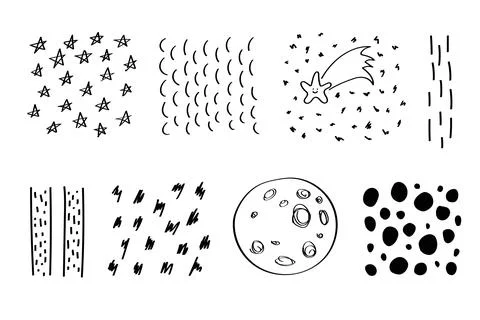Doodle set of abstract geometric space shapes. Stock Illustration