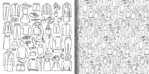 Doodle set and seamless pattern with woman clothes Stock Illustration