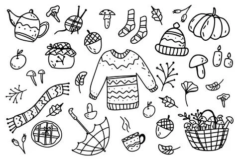 Doodle set autumn collection of elements in black and white isolated Stock Illustration