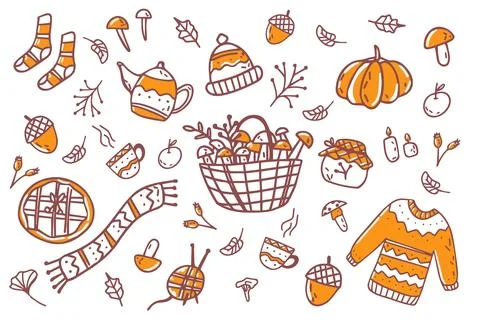 Doodle set autumn collection of elements in black and white isolated Stock Illustration