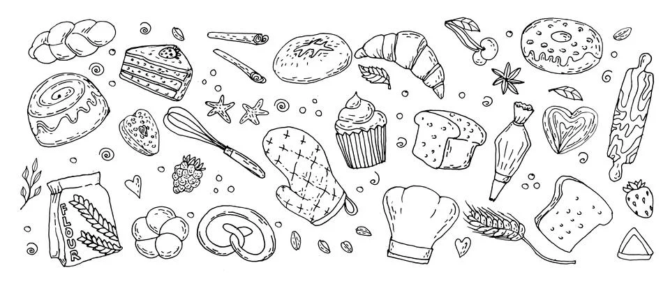 Doodle set of bakery elements and kitchen items isolated on white background. Stock Illustration