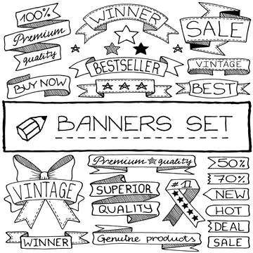 Doodle set of banners hand drawn with black line Stock Illustration