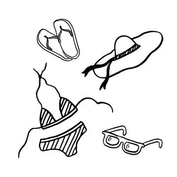 Doodle set of beach accessories black on white. Stock Illustration