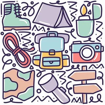 Doodle set of camp tools hand drawing Stock Illustration