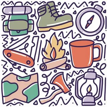 Doodle set of camp tools hand drawing Stock Illustration