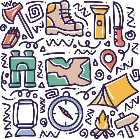 Doodle set of camp tools hand drawing Stock Illustration
