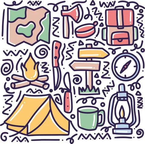 Doodle set of camp tools hand drawing Illustrazione stock
