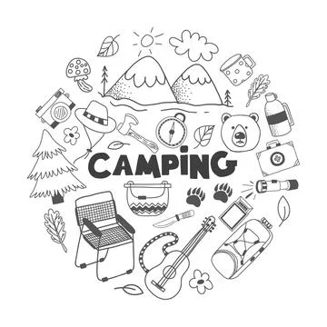 Doodle set with camping elements Stock Illustration