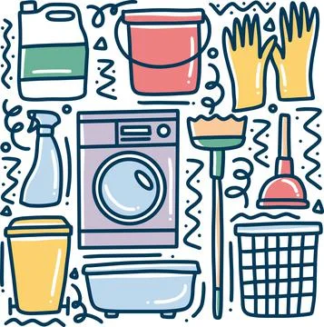 Doodle set of cleaning tools hand drawing Stock Illustration
