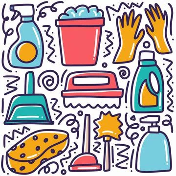 Doodle set of cleaning tools hand drawing Stock Illustration