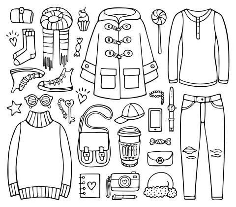 Doodle set of clothes and elements for cold season Illustrazione stock