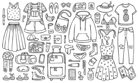 Doodle set of clothes and stuff for traveling Stock Illustration