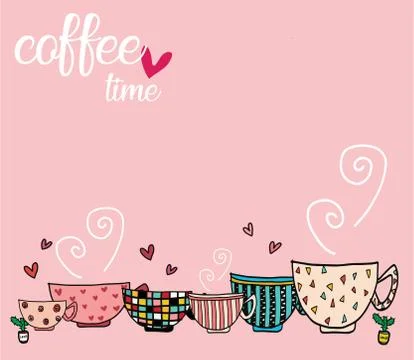Doodle set of coffee cups in different pattern designs on pink background Stock Illustration