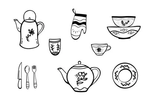 Doodle set of Cook's tools and items set. Hand-drawn design elements. Vector Stock Illustration