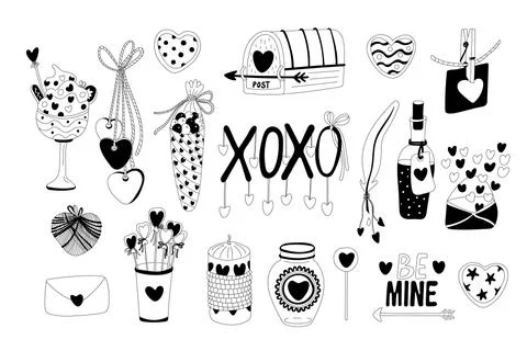 Doodle set with cute hand drawn Valentine's day decorations. Stock Illustration