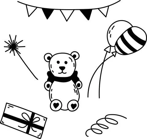 Doodle set of elements for birthday party. Hand-drawn vector illustration wit Stock Illustration