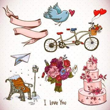 Doodle set elements of Valentines Day and Wedding Stock Illustration