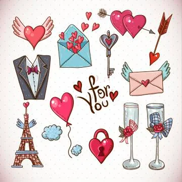 Doodle set elements of Valentines Day and Wedding Stock Illustration