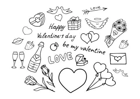 Doodle set elements for valentines day line art style. Vector illustration... Stock Illustration