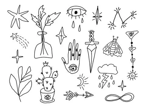 Doodle set esoteric magic symbols. Boho hand drawn mystical collection Stock Illustration