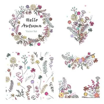 Doodle set with floral design elements and seamless patterns Stock Illustration