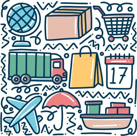 Doodle set of hand drawn delivery and shipping online shopping Stock Illustration