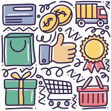 Doodle set of hand drawn delivery and shipping online shopping Stock Illustration