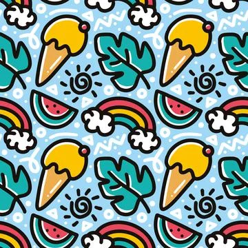 Doodle set of hand drawn ice cream and, fruit Stock Illustration