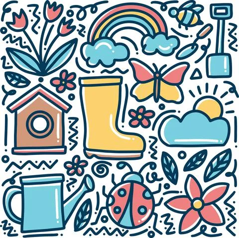 Doodle set of hand drawn spring time Stock Illustration