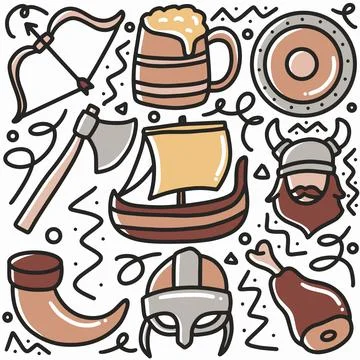 Doodle set of hand viking elements tools Stock Illustration