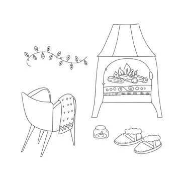Doodle set Hygge Winter. Linear cozy armchair, Ugg boots, Fireplace, burning  Stock Illustration