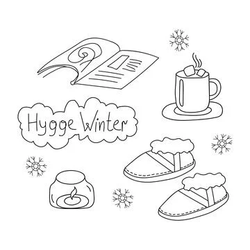 Doodle set Hygge Winter. Linear cozy ugg boots, magazine, cup of chocolate, b Stock Illustration