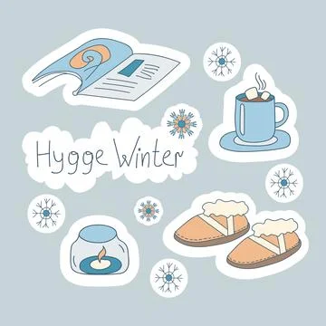 Doodle set Hygge Winter. Linear cozy ugg boots, magazine, cup of chocolate, b Stock Illustration