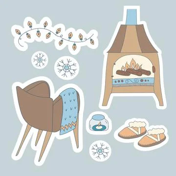 Doodle set Hygge Winter. Linear cozy armchair, Ugg boots, Fireplace, burning  Stock Illustration