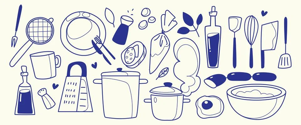 Doodle set of kitchen items and food on white Stock Illustration