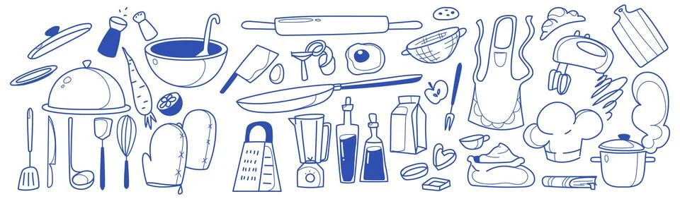 Doodle set of kitchen items and food on white Stock Illustration