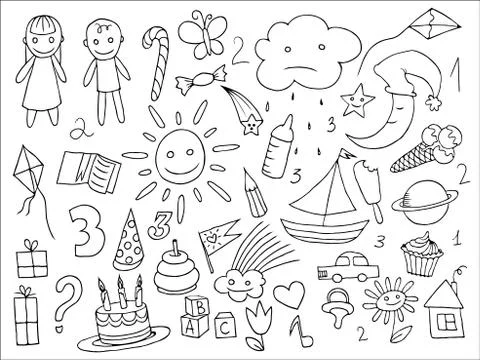 Doodle set of objects from a childs life Stock Illustration