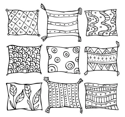 Doodle set of pillows with different tracery Stock Illustration