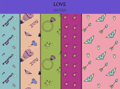 Doodle set of seamless patterns for Valentine s day. Vector colorful Stock Illustration