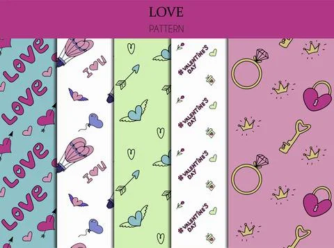 Doodle set of seamless patterns for Valentine s day. Vector colorful Stock Illustration