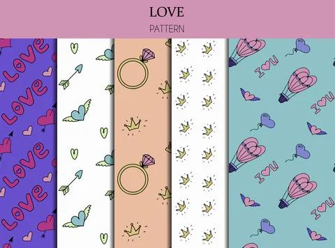 Doodle set of seamless patterns for Valentine s day. Vector colorful Stock Illustration